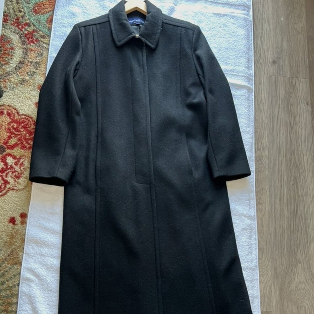HERMAN KAY BLACK LONG WOOL RAYON BLEND STRUCTURED COAT RETRO ,TIMELESS SIZE 12